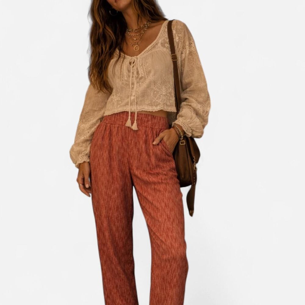 Anthropologie Longshore Cotton Cropped Pull-On Pants Small Red Sunrise Beach